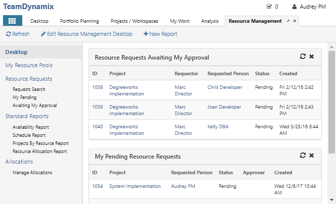 TeamDynamix resource management dashboard & software capabilities