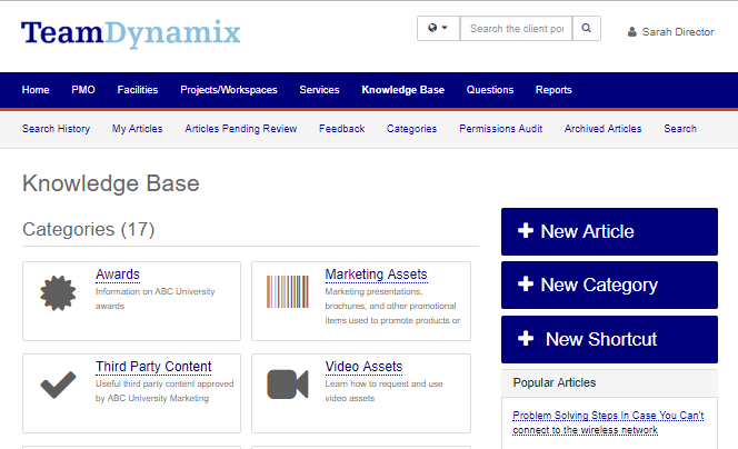 Example of TeamDynamix Service Portals & Knowledge Base Platforms for ITSM