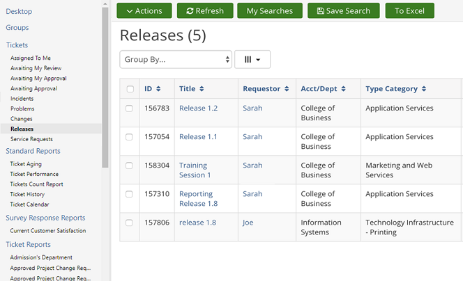 Screenshot of TeamDynamix Release Management Dashboard for ITSM