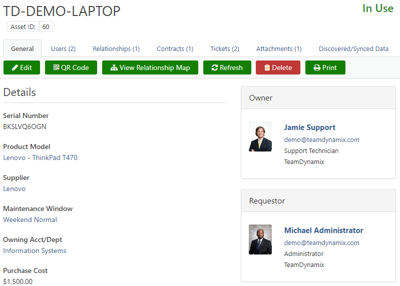 Screenshot of TeamDynamix Asset Management Dashboard for IT Departments