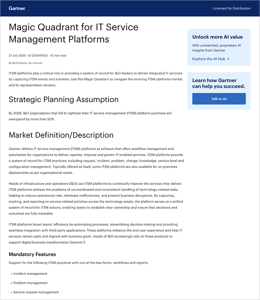 2026 Gartner Magic Quadrant for IT Service Management Platforms Report